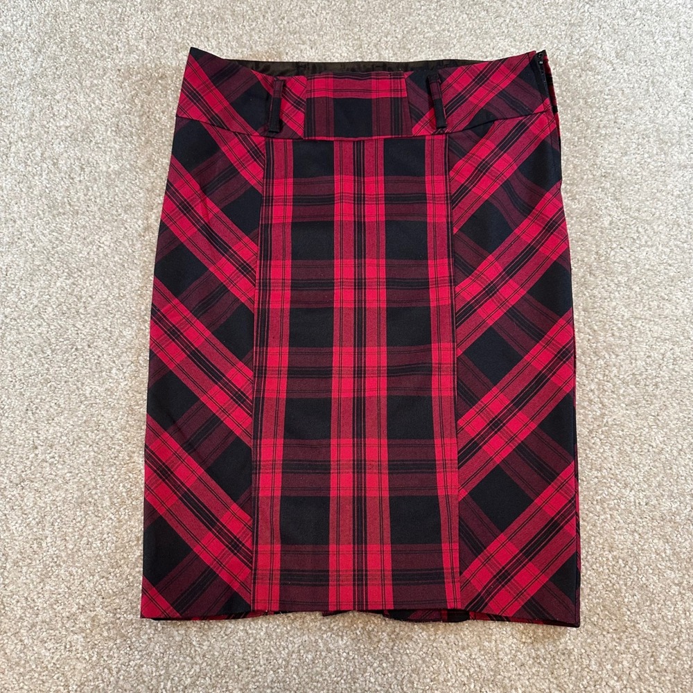 Charlotte Russe Red Black Plaid Pencil Skirt Ruffle Back‎ Punk Academic Size M